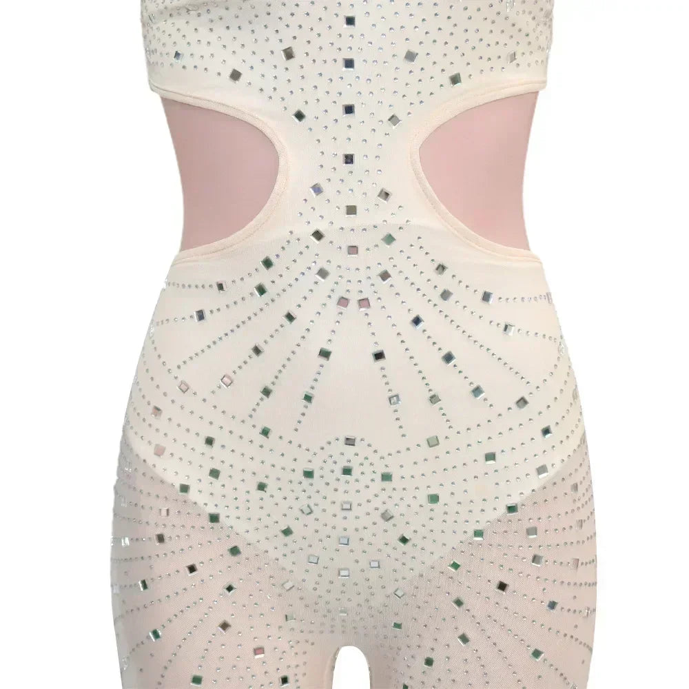 Gramercy Park Fashion Sexy Mesh Perspective Hot Drill Sleeveless Halter Jumpsuit