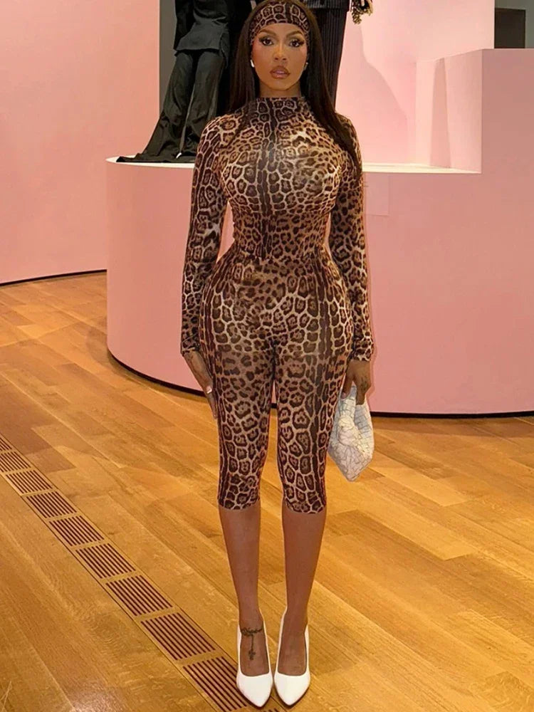 Stonington Leopard Print Headband Half Turtleneck Full Sleeve and Elastic Waist Set