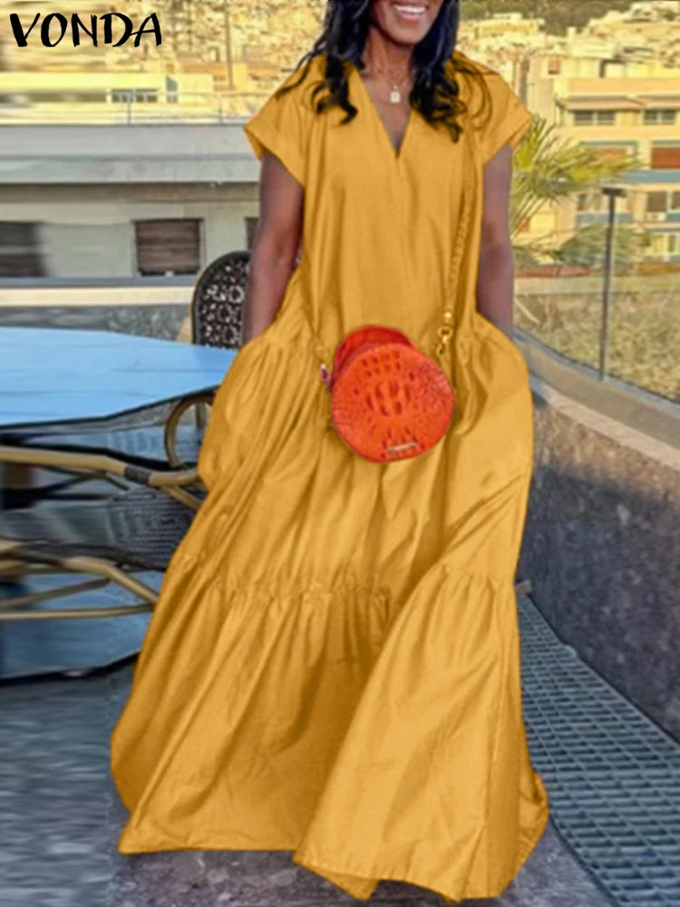 Plus Size Bohemian Sundress Solid Color Casual Short Sleeve Party Ruffled Dress