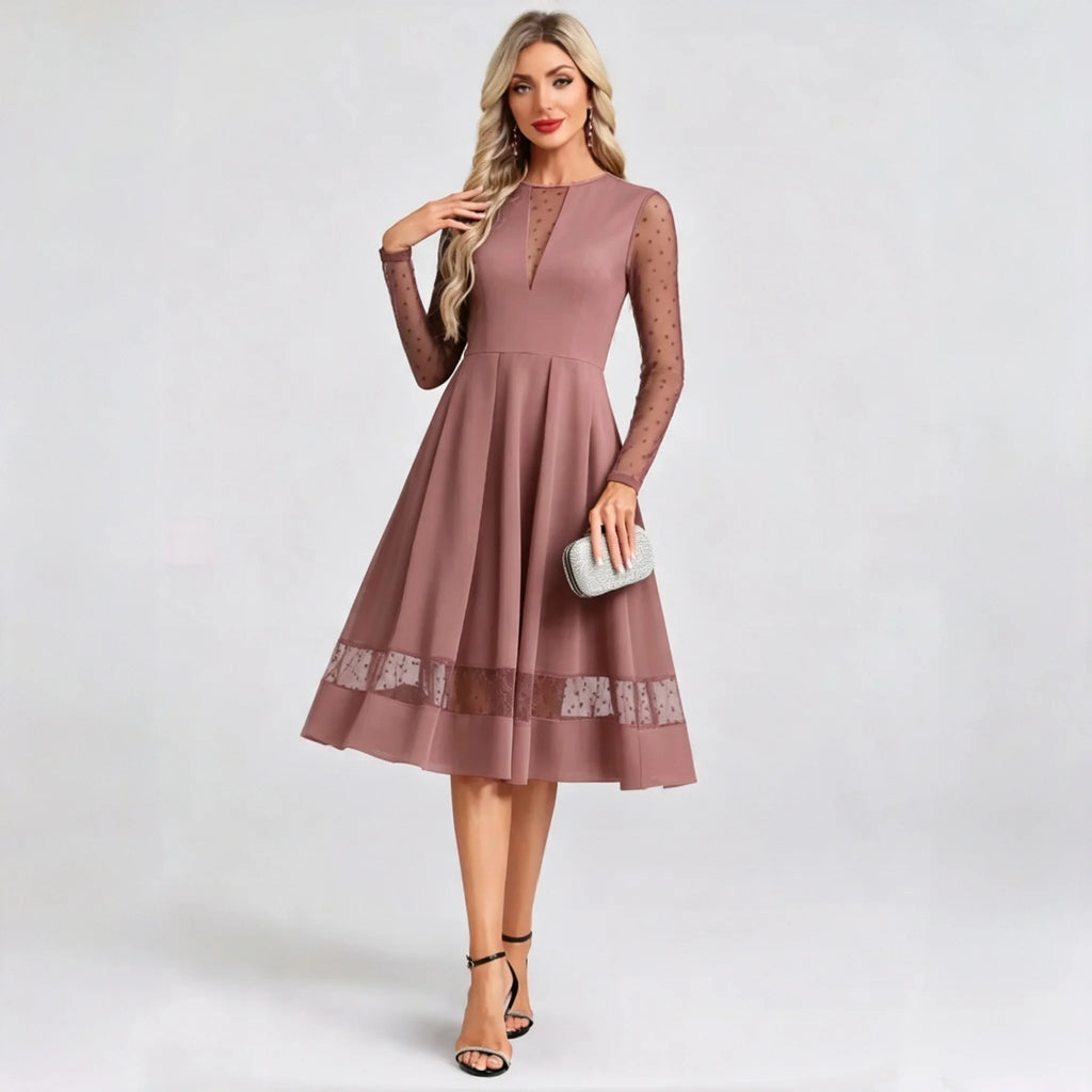 Benice Black Midi Cocktail Polka Dot Mesh Long Sleeve Illusion A‑Line Swing Dress