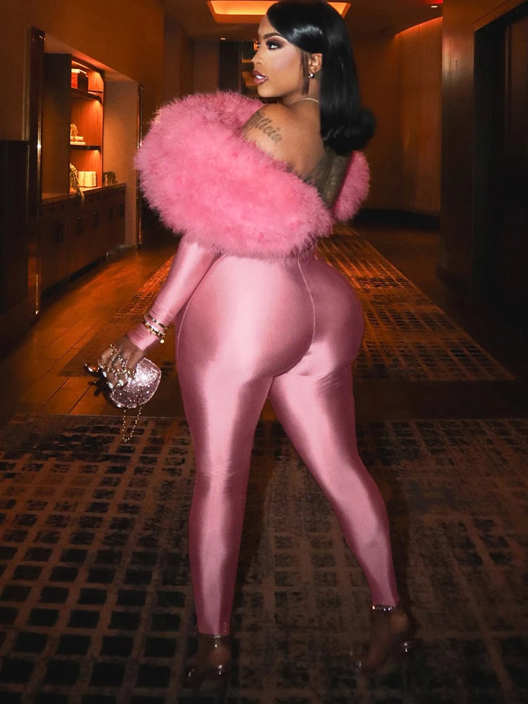 Branford Furry Slash Neck Hipster Patchwork Trend Sexy Hollow Stretch Jumpsuits