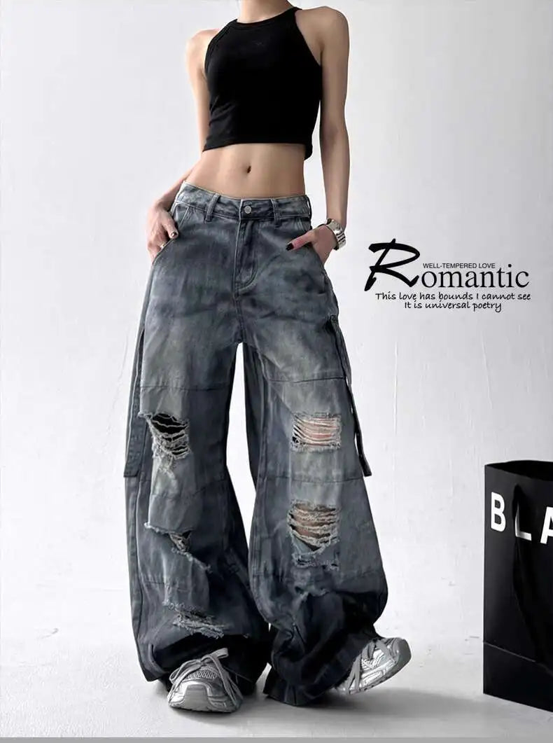 Jeans American High Street Ripped Straight Wide-Leg Jeans For Women Design