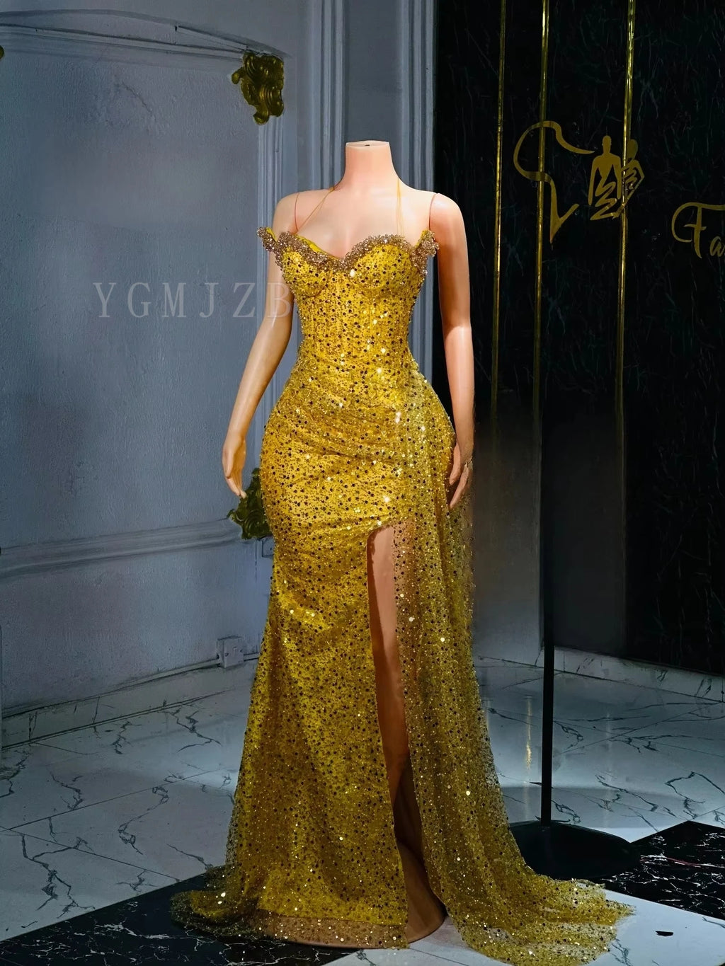 Arkansas Luxury Mermaid Diamonds Bead Sexy Slit Elegant Dress