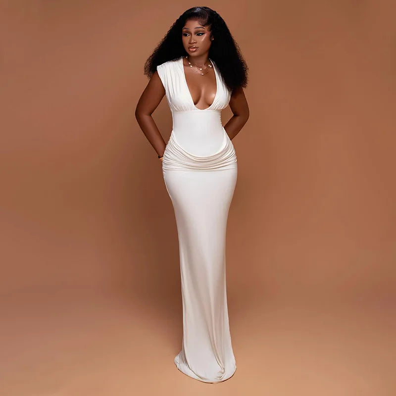 Elmora Sexy Ruched Bodycon Solid Sleeveless V-Neck Slim Long Maxi Dresses