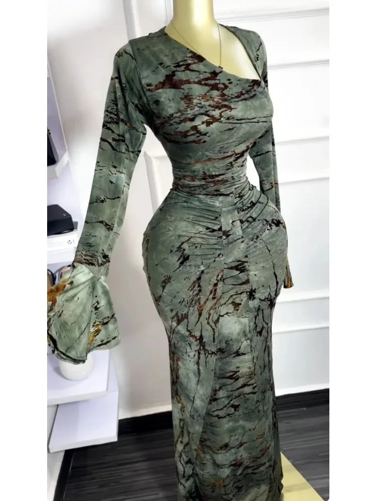 Vermella Printed Skew Neck Flare Long Sleeve Ruched Long Dress