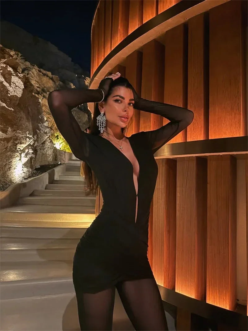 Milford Deep V Neck Long Sleeve Sexy Patchwork See Through Ruched Jumpsuits