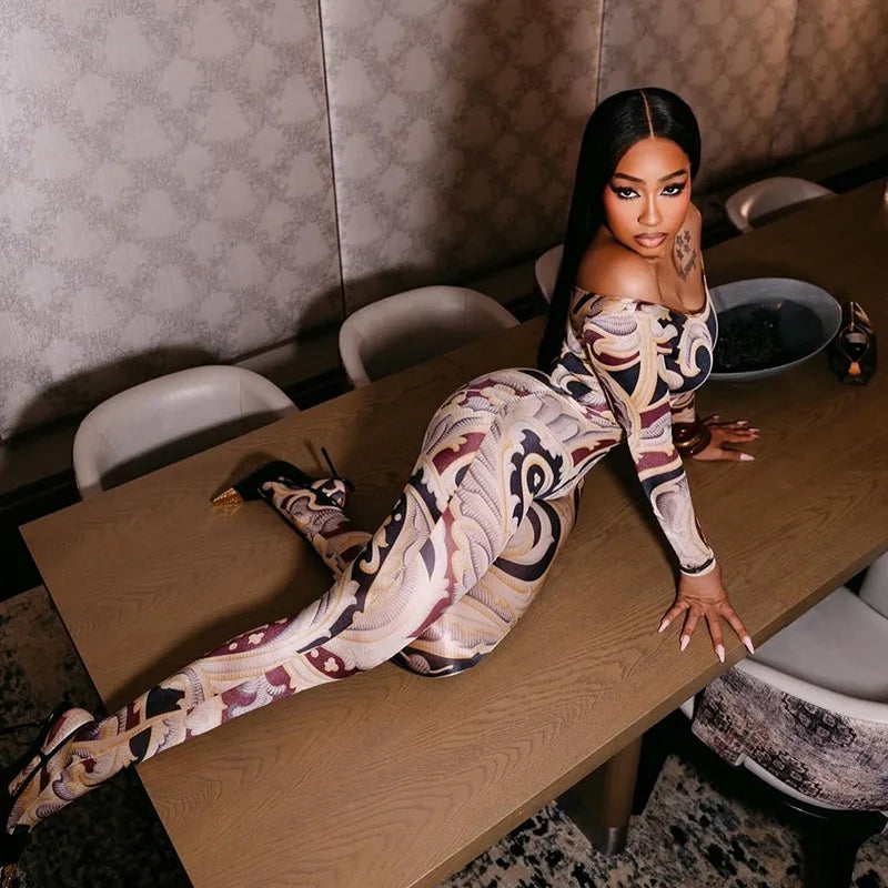 Soho Print One Shoulder Long Slimming Cross Border Jumpsuit