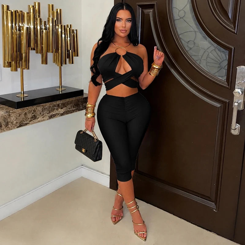 Lorena Solid Color Hanging Neck Tight Fitting Two Piece Sets