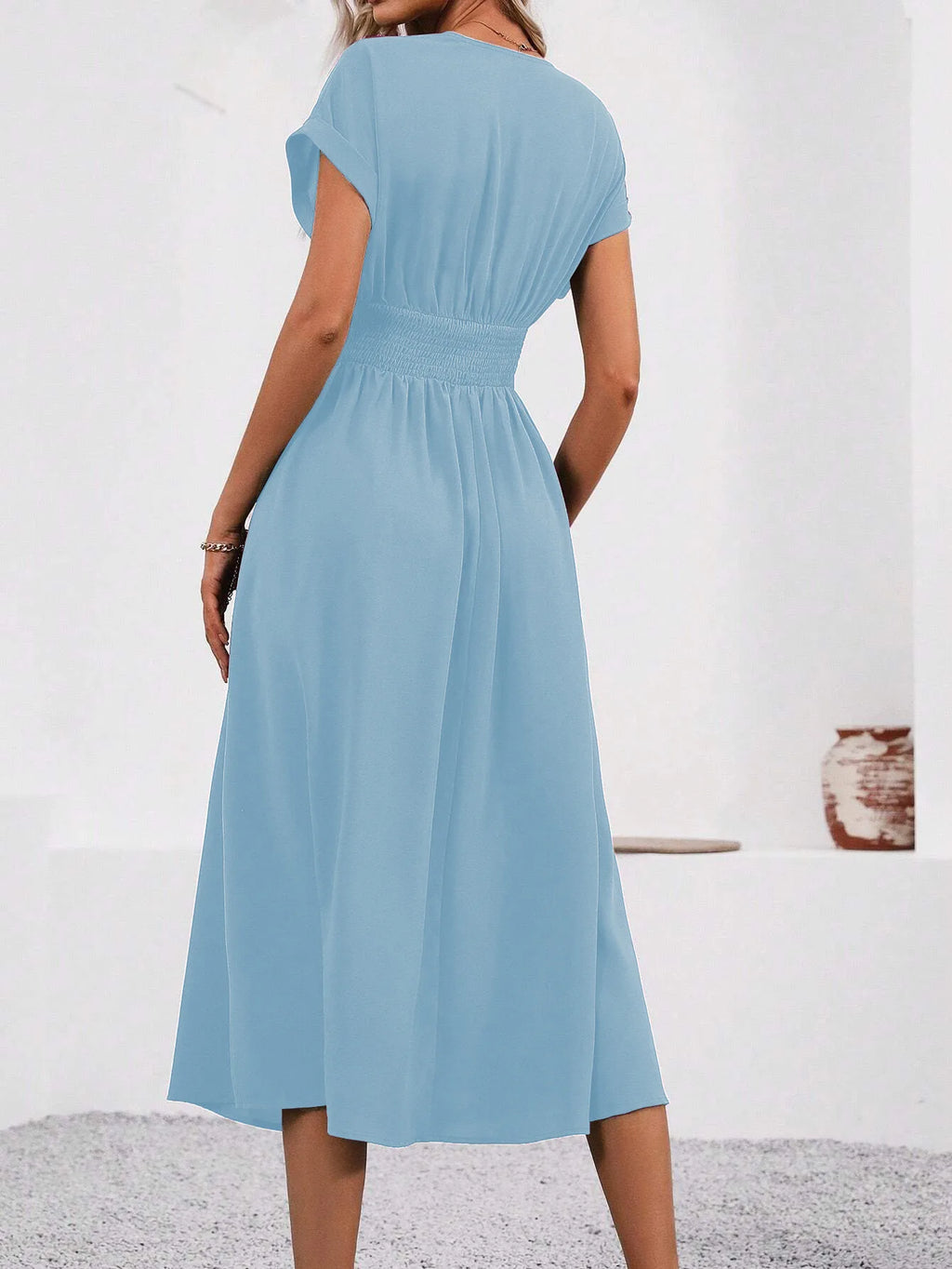Guachupita Solid-Color V Neck Batwing-Sleeve Pleated Long Elegant Dress