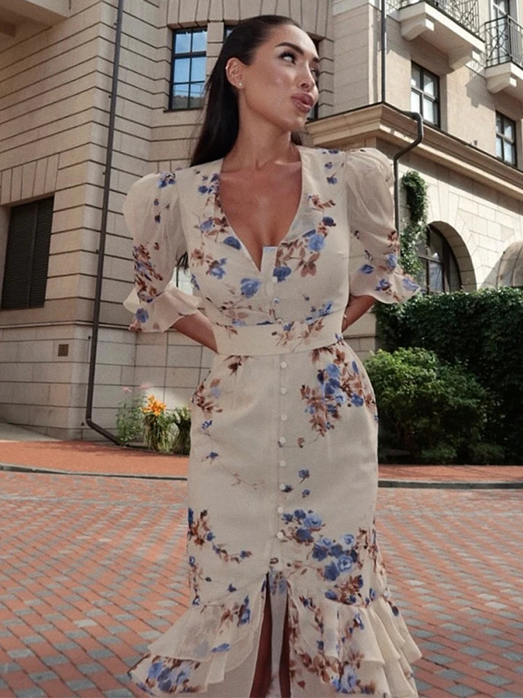 Alicia Floral Print V-Neck Flare Sleeve Mermaid Two Piece Sets