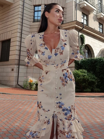 Alicia Floral Print V-Neck Flare Sleeve Mermaid Two Piece Sets
