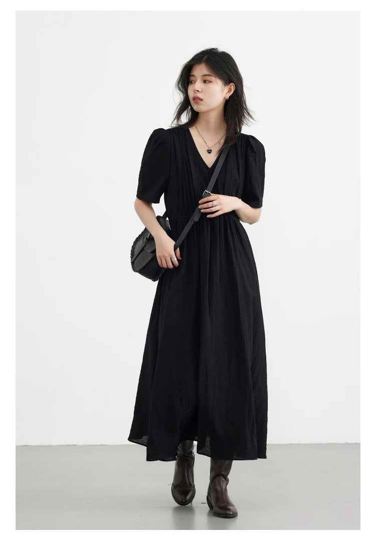 French Style Vintage V Neck Puff Sleeve Solid Black Loose Long Dress