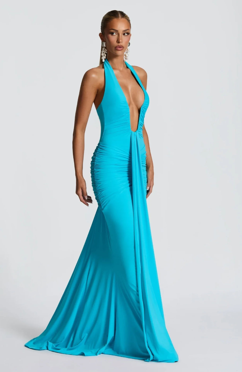 Deep V Neck Draped Ruched Sexy Halter Sleeveless Backless Club Party Long Dress
