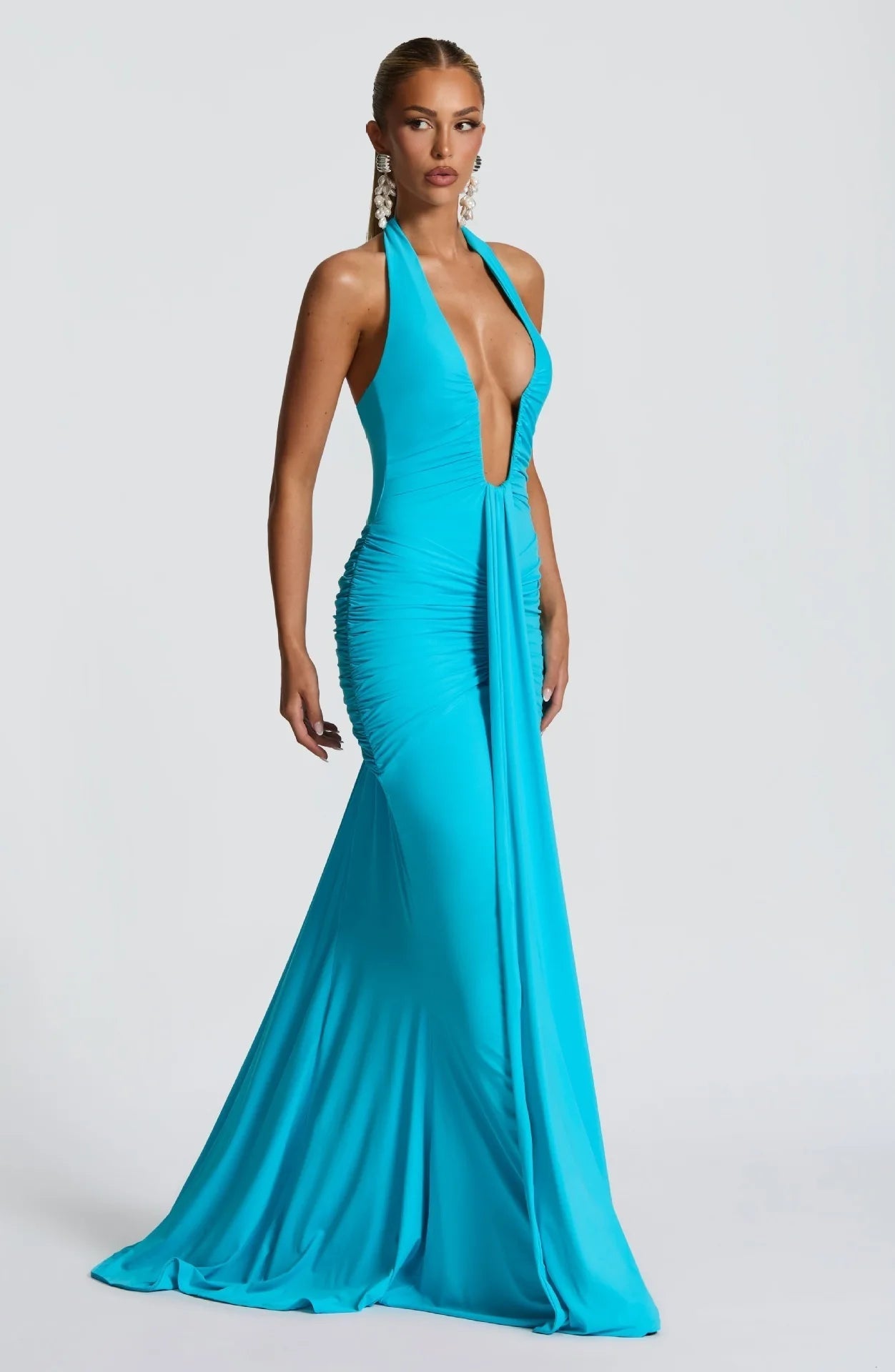 Deep V Neck Draped Ruched Sexy Halter Sleeveless Backless Club Party Long Dress
