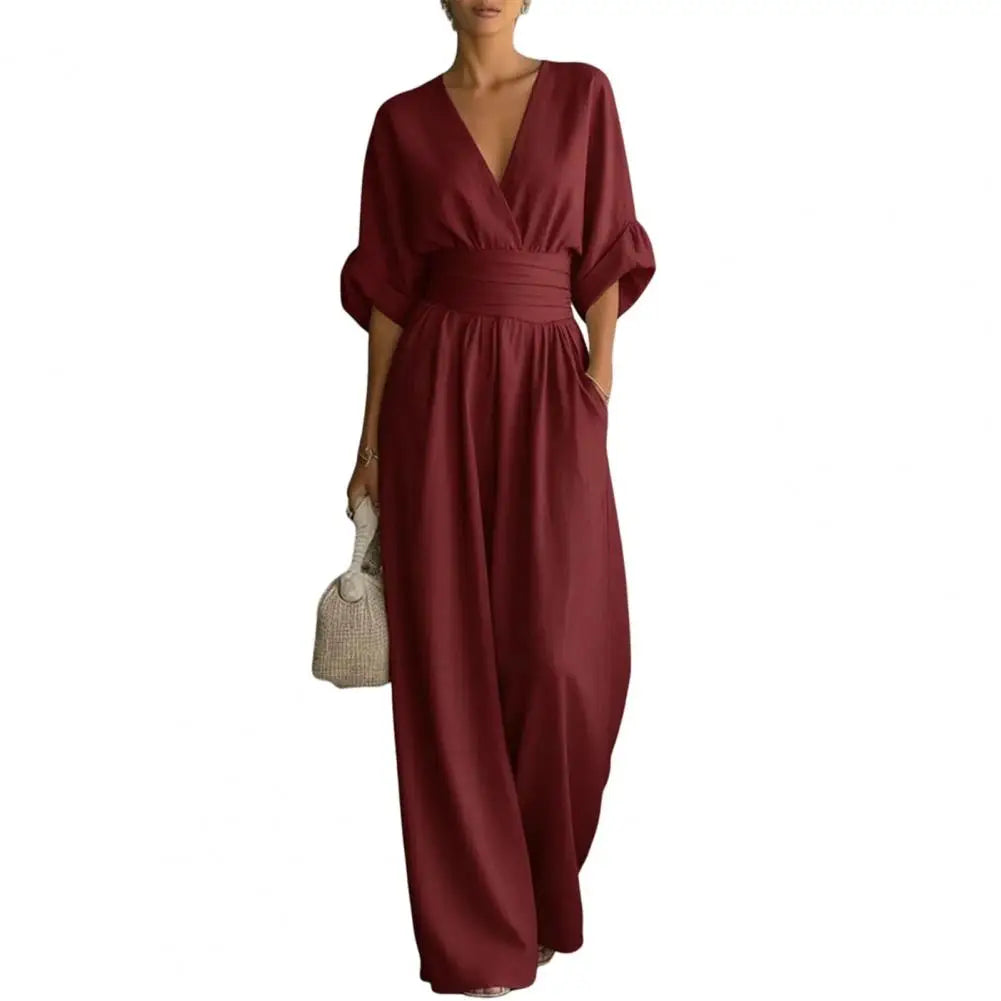 Women's Jumpsuit Fashion High Waist V-neck Casual Jumpsuits Sexy Solid Color Office Wide Leg Trousers Overalls Vacation Outfit