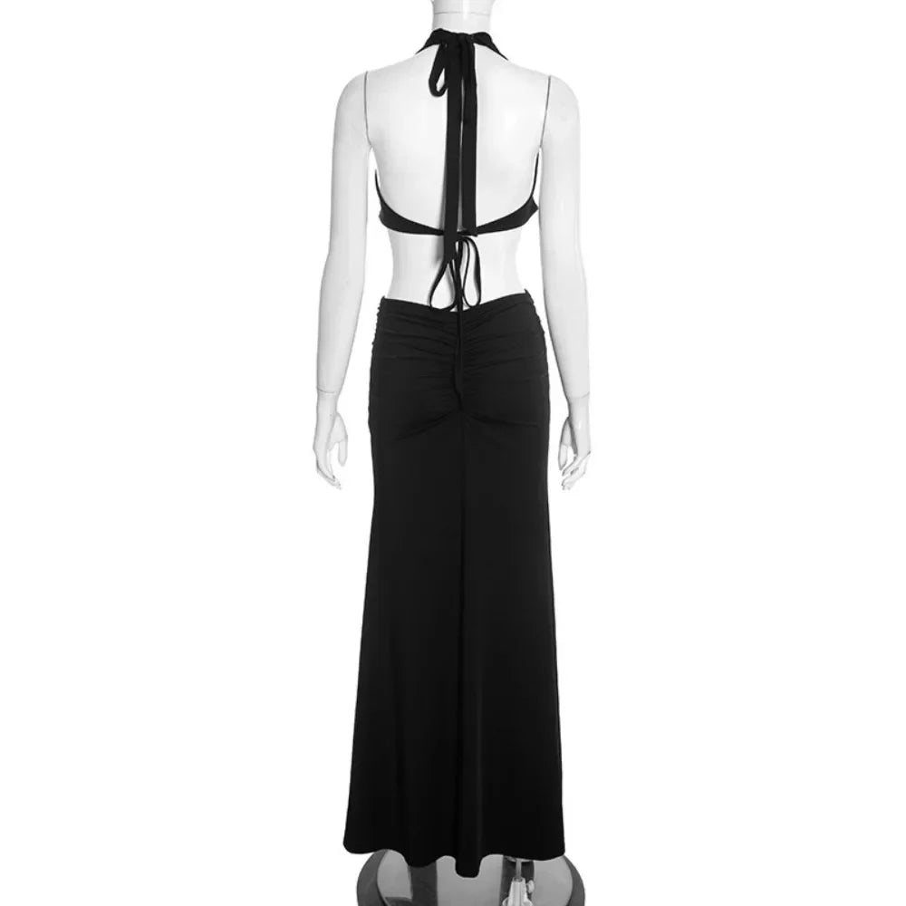 Ancram Hollow Backless Sexy Halter Deep V Neck Sleeveless Ruched Patchwork Dresses