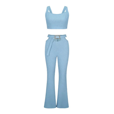 Oyster Bay Cutout Waist with Belt Wide Leg Flare Outfits Two Piece Set