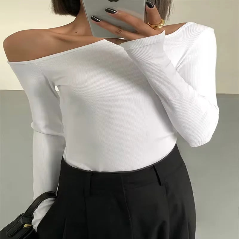 Union City Skew Collar Off Shoulder Long Sleeved T Shirts New Solid Slim Fit Crop Top