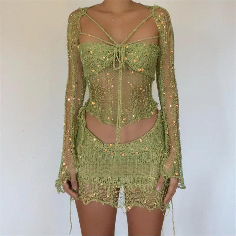 Ismel Glitter Sequins Knitted Two Piece Sets