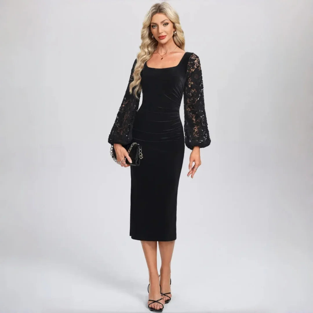 Bushwick Black Velvet Midi Bodycon Square Neck Lace Puff Long Sleeve Ruched Waist Dress