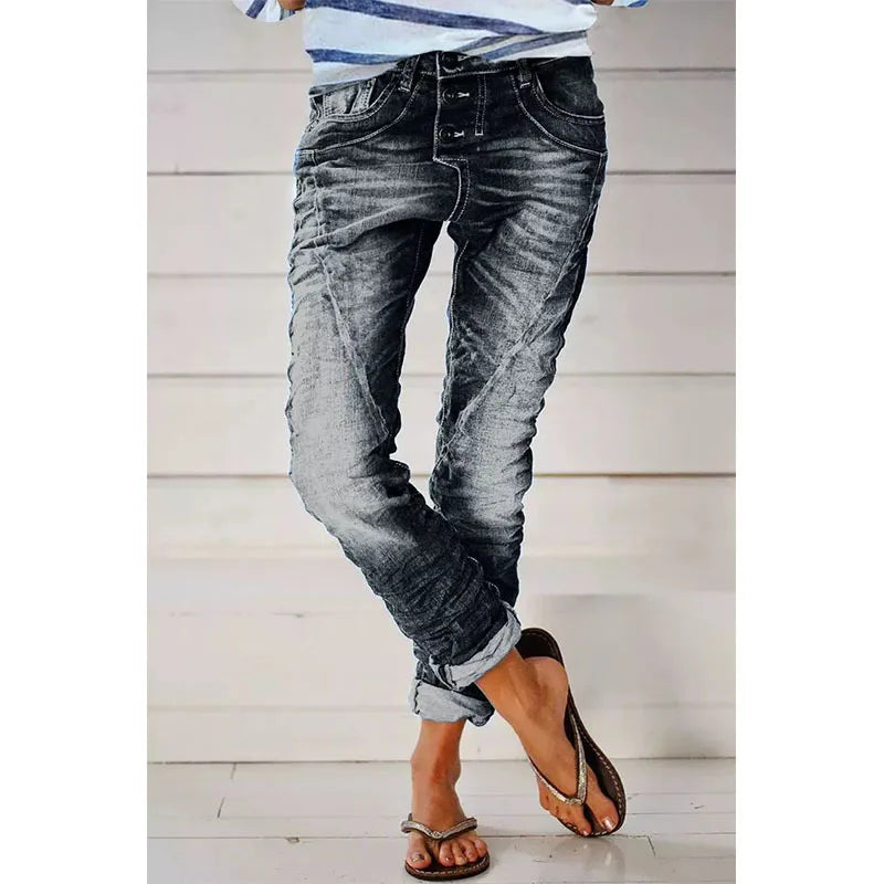 Jeans for Women Drawstring Elastic-waisted Jeans Casual Button Baggy Jeans