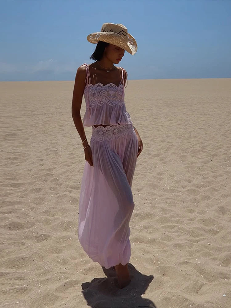 Fior Elegant Lace Square Neck Sheer Two Piece Sets