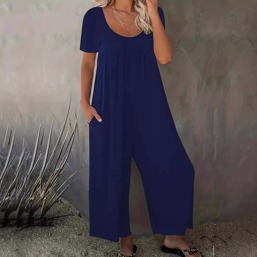 Plus Size Summer Women's Solid Color Jumpsuit with Pockets Casual Fashion