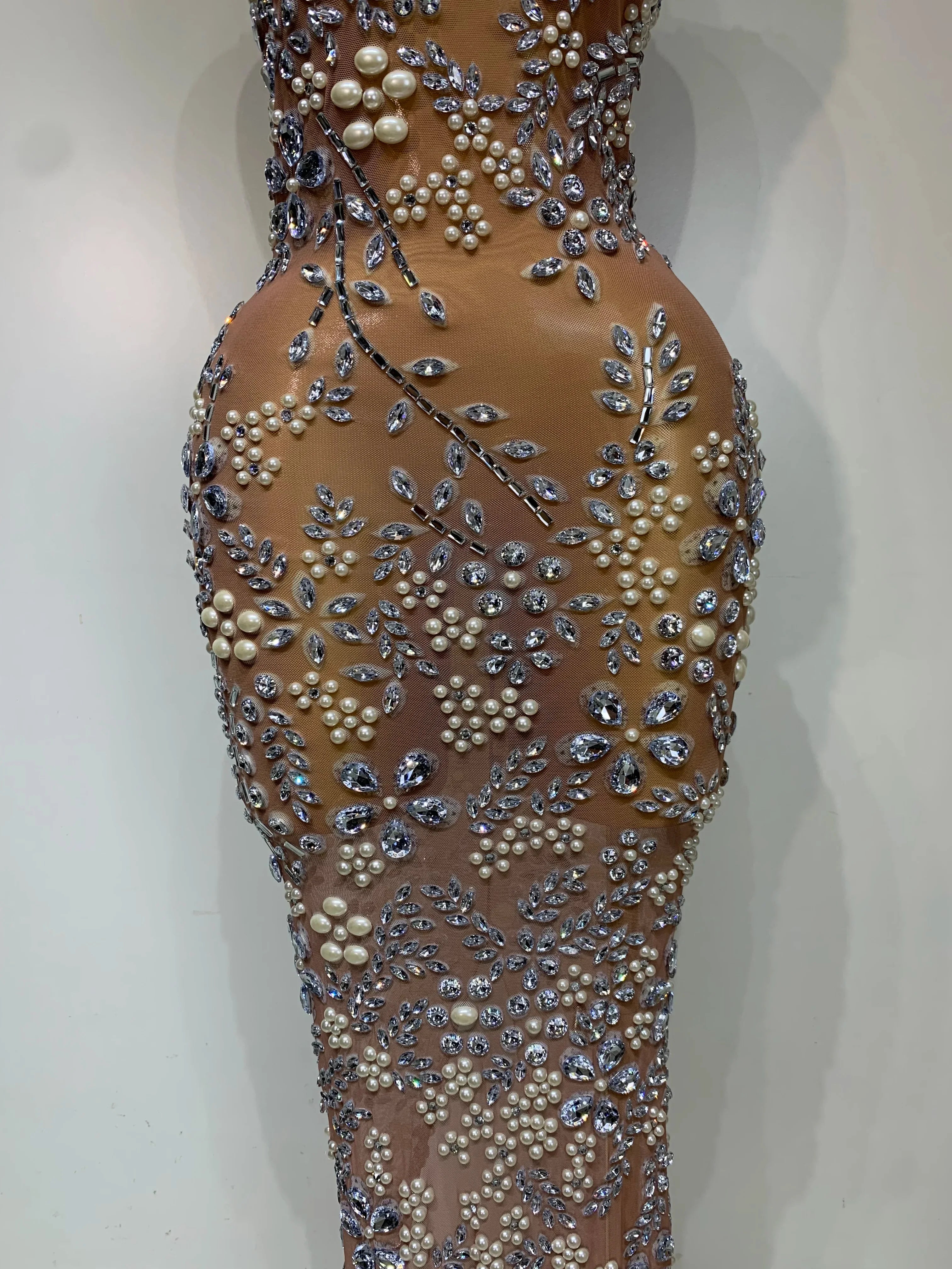 Winchester Lxury Diamonds Mesh See Through Long Elegant Dress