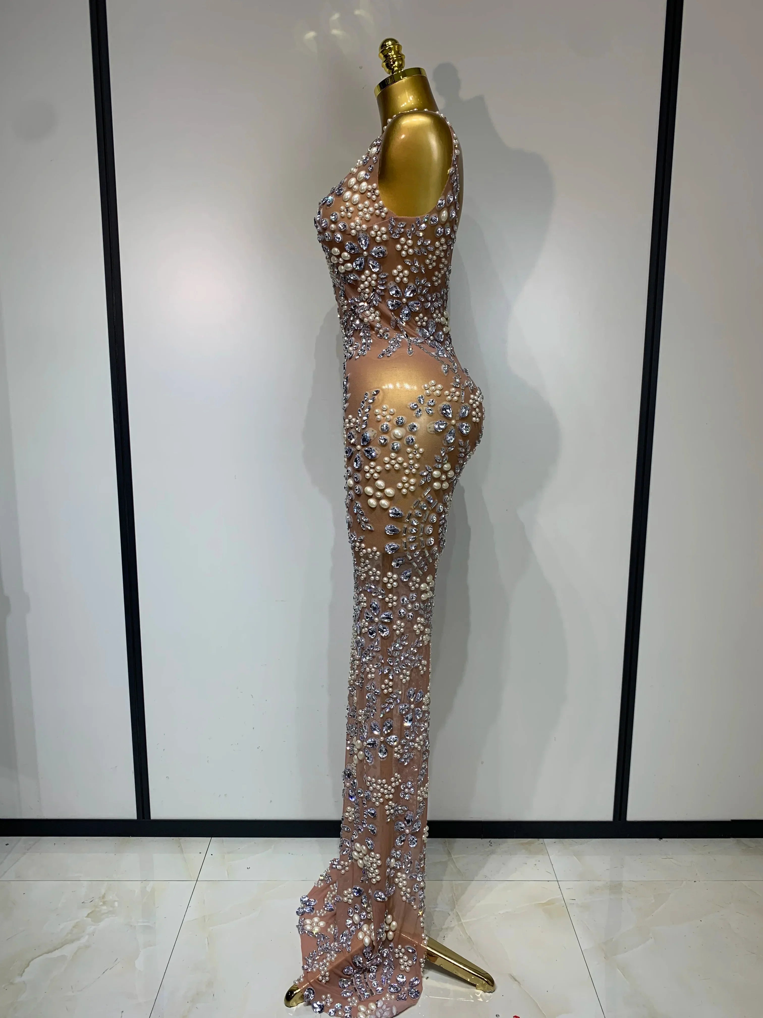 Winchester Lxury Diamonds Mesh See Through Long Elegant Dress