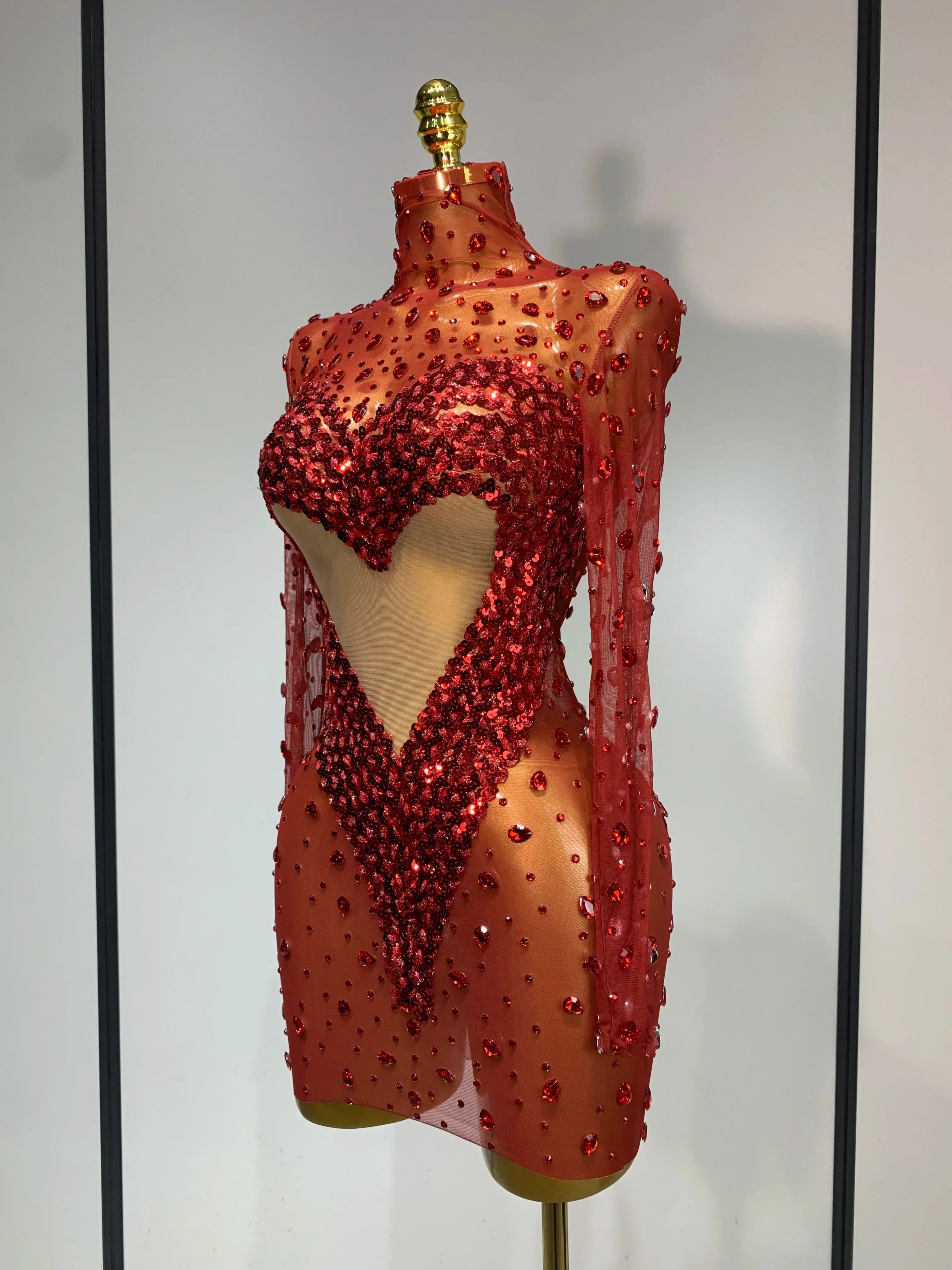 Ithaca High Quality Rhinestone Sequin Sexy See Through Mesh Mini Dress