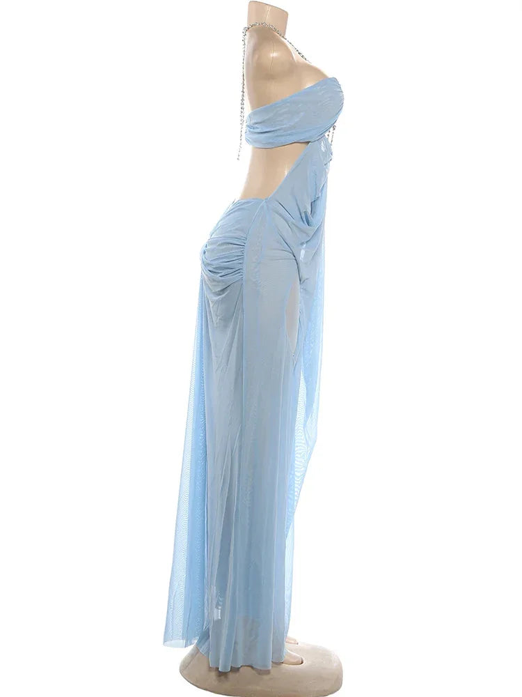 Pine Plains Sexy See Through Luxury Chain Halter Low Neck Backless Dress