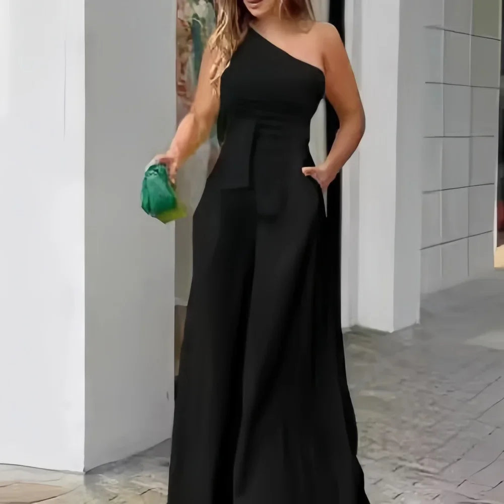 Boardman Solid Color Lace-up Irregular Off-The-Shoulder Casual High Waist Wide Jumpsuit