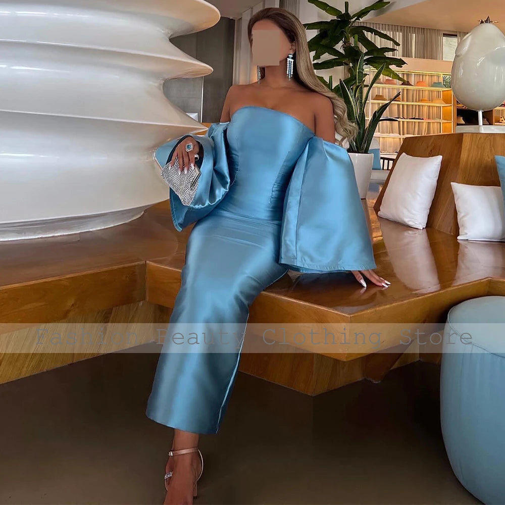 Elmwood Park Sky Blue Satin Evening Party Off the Shoulder Column Cocktail Gowns Dresses Maxi