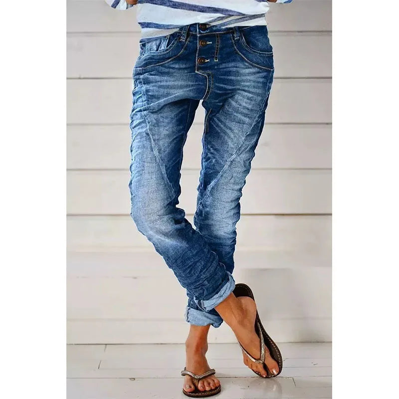 Jeans for Women Drawstring Elastic-waisted Jeans Casual Button Baggy Jeans