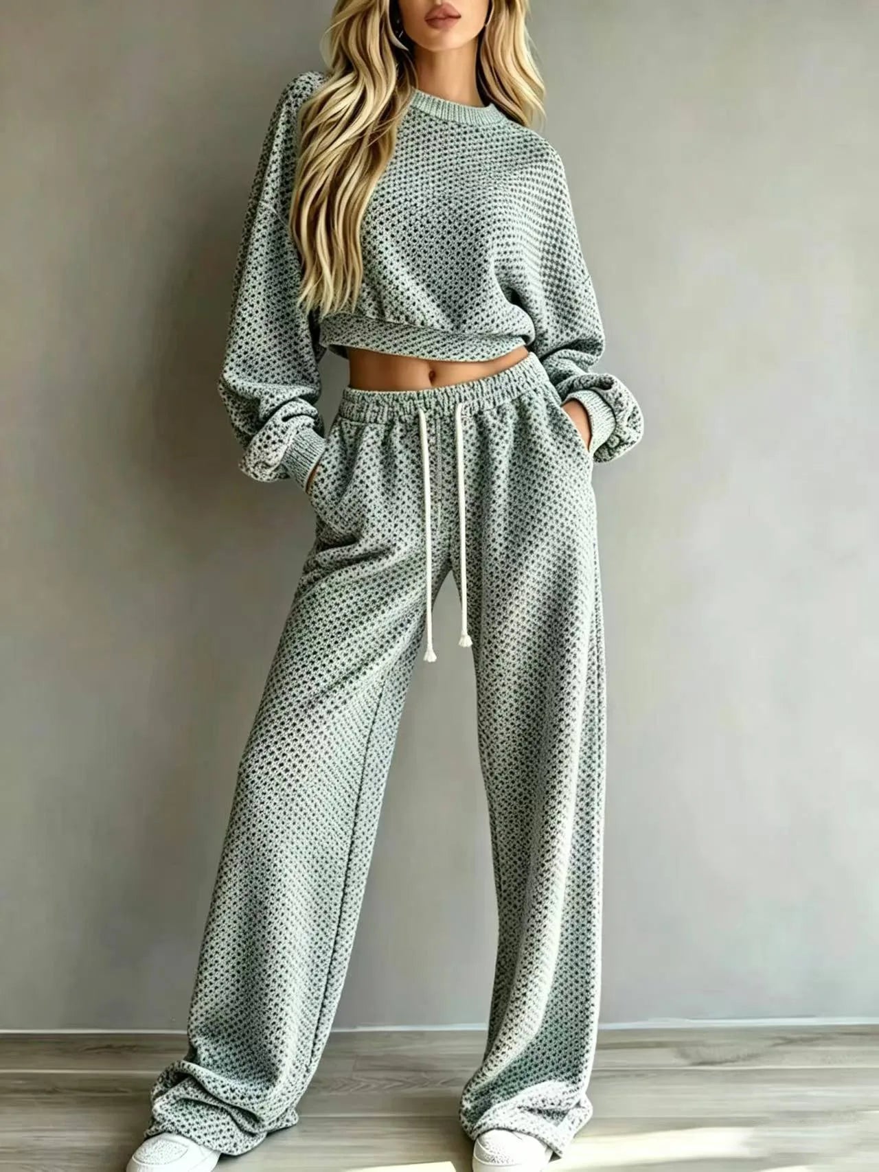 Eimy Long Sleeve Textured Lounge Wear Two Piece Sets