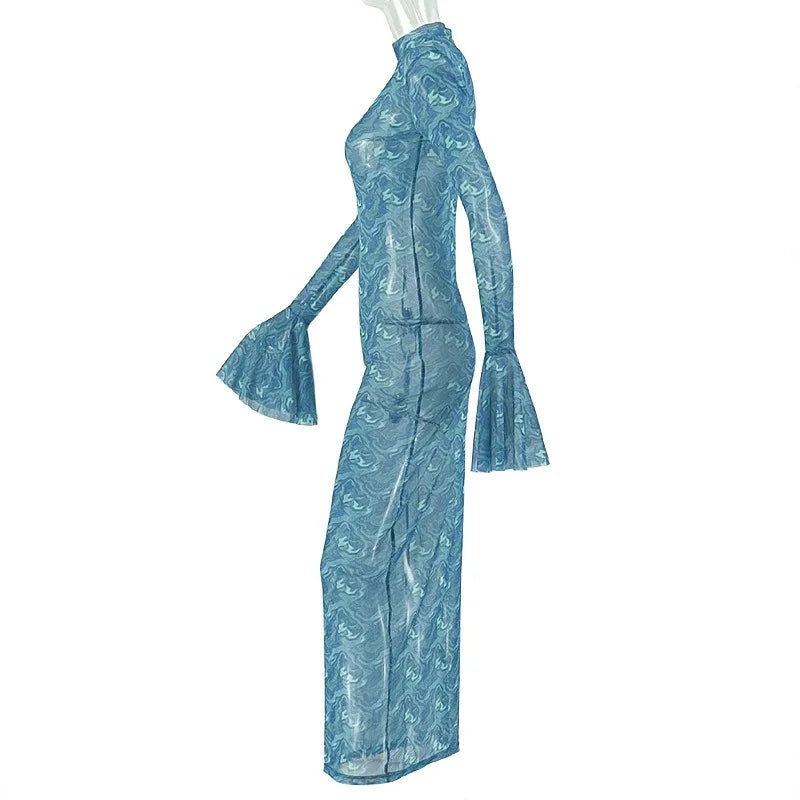 Retro Print O-Neck Long Flare Sleeve Shoulder Pad Waistband Hips Wrapped Long Dress