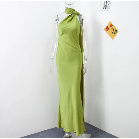 Meadville Elegant Ribbon Halter Solid Off Shoulder Sleeveless Backless Slim Maxi Dress
