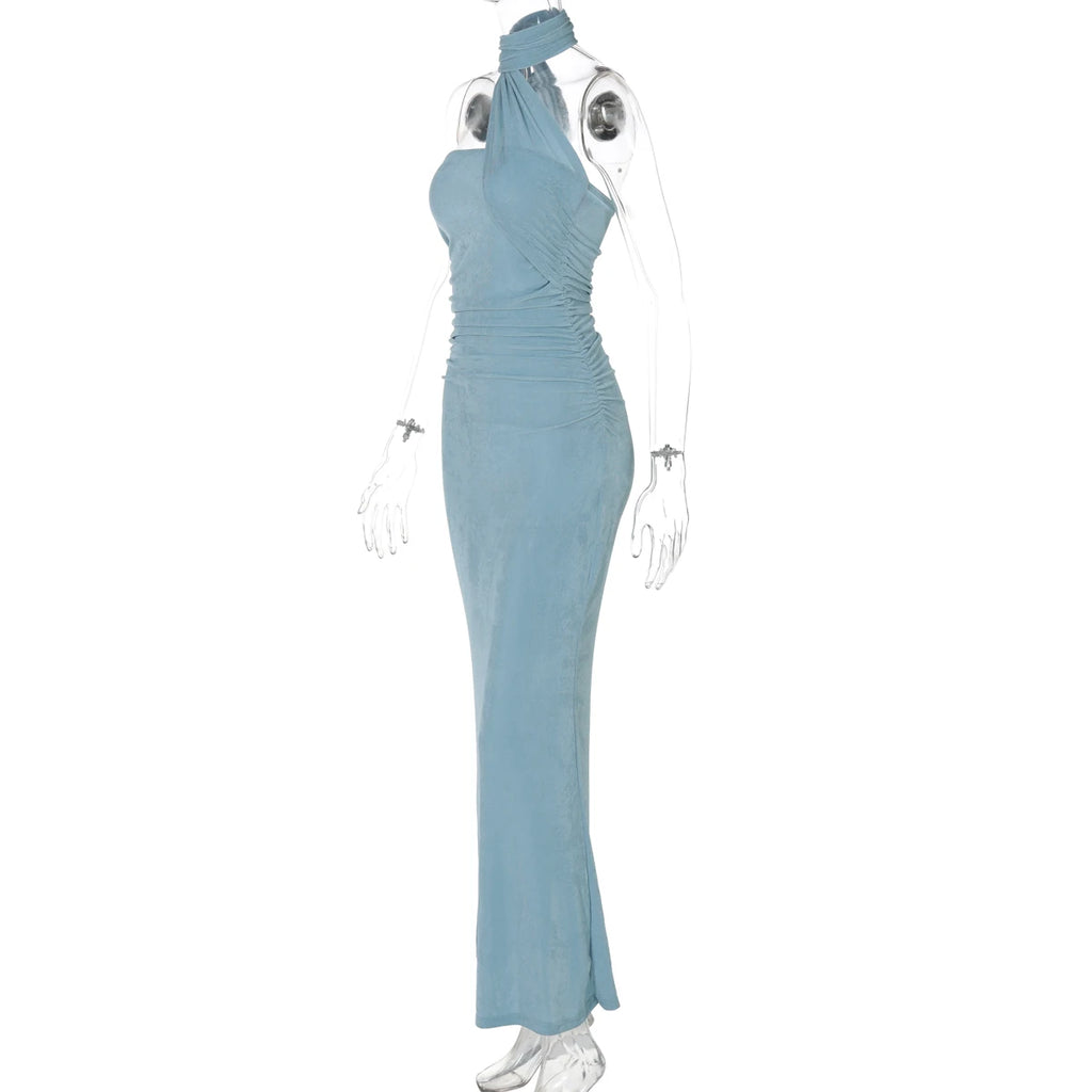 Chicago Halter Solid Sleeveless Backless Ruched Sexy Bodycon Maxi Prom Dress