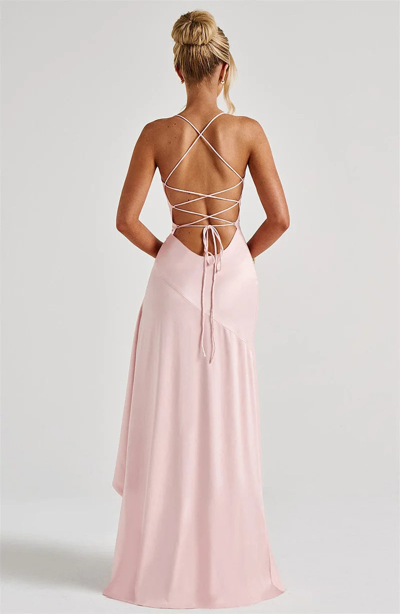 Haverstraw Satin Spaghetti Strap Ruffle Sexy Off-shoulder Sleeveless Backless Maxi Dress