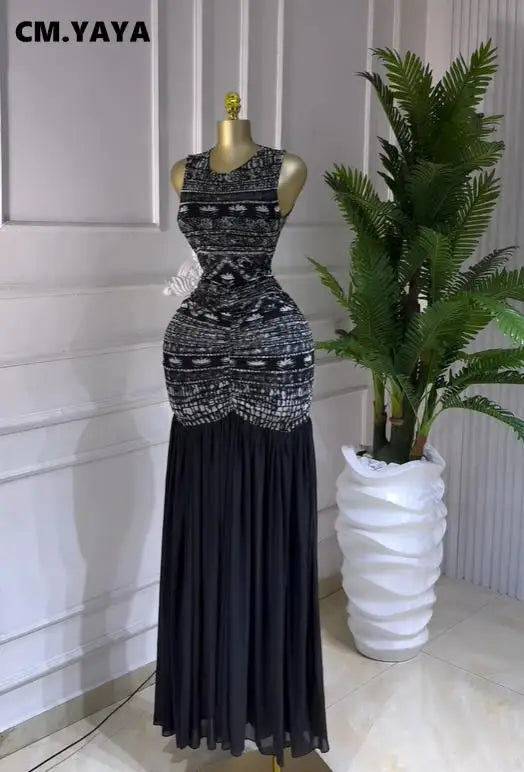 Printed Ruched Stacked Sleeveless Long Maxi Dress