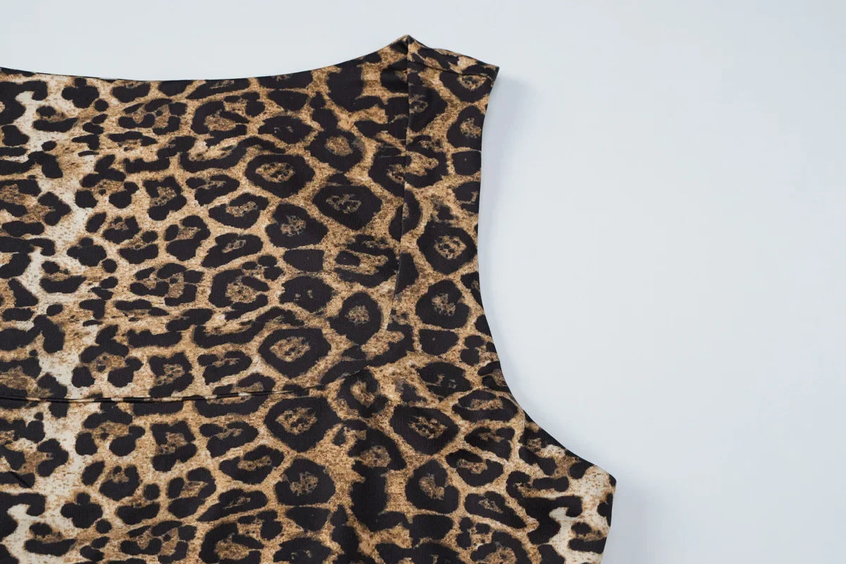 Bath Beach Elegant Square Collar Sleeveless Bodycon Split Leopard Print Long Party Dress