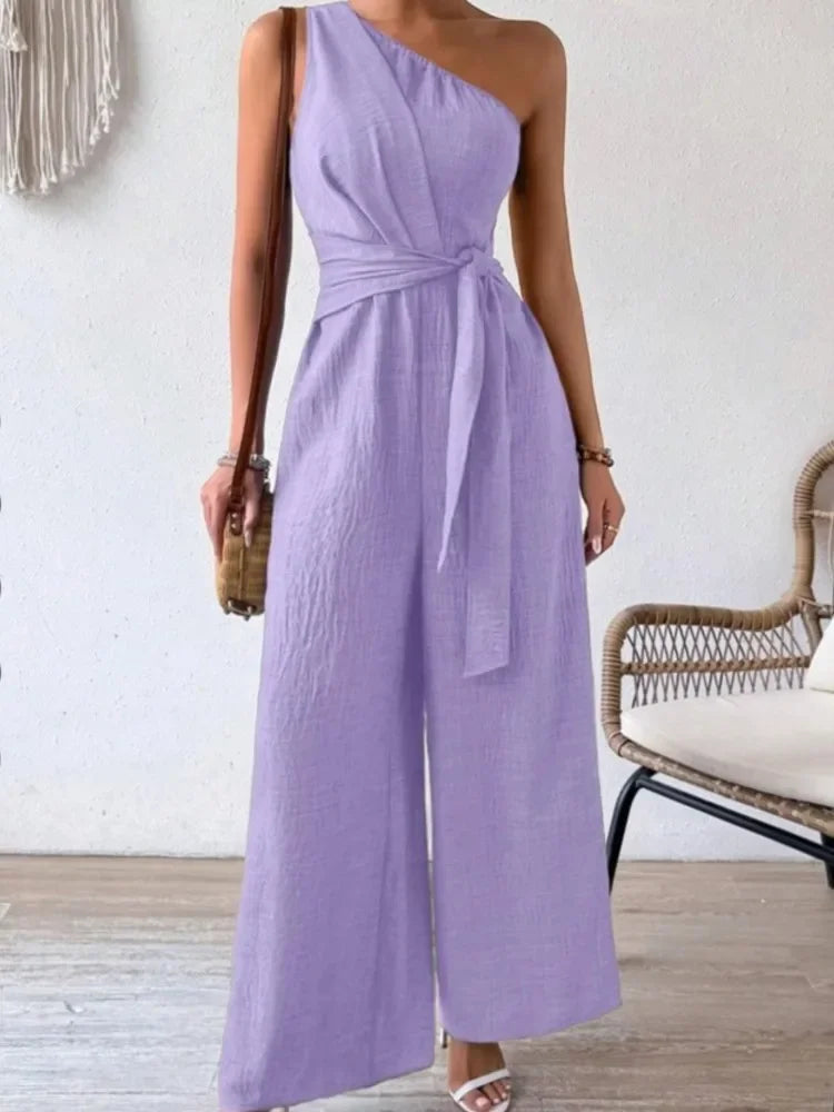 Detroit Fashion Sleeveless Diagonal Collar High Waist Lace-up Wide Leg Jumpsuits