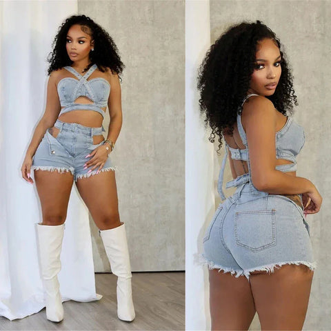 Temblant Straps Crop Cut Out Clothes Streetwear Two Piece Club Outfits Set