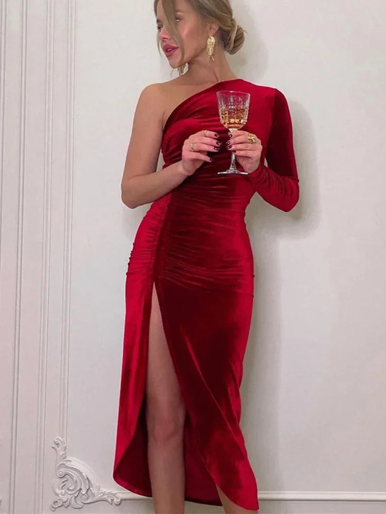 Westerleigh Elegant Long Sleeve Party Evening Velvet Bodycon Split Pencil Midi Dress