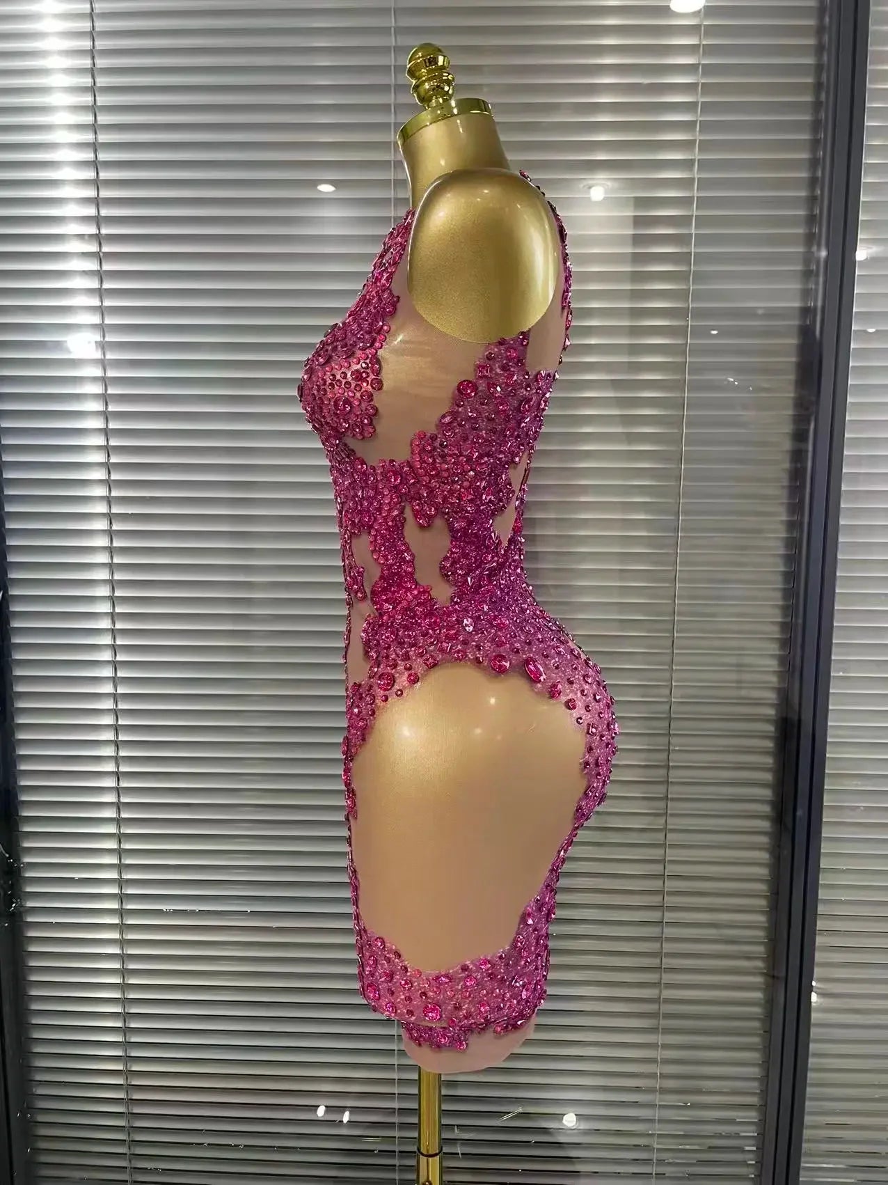 Harper Ferry Shining Rosered Crystal Sexy One Shoulder Mesh See Through Bodycon Mini Dress
