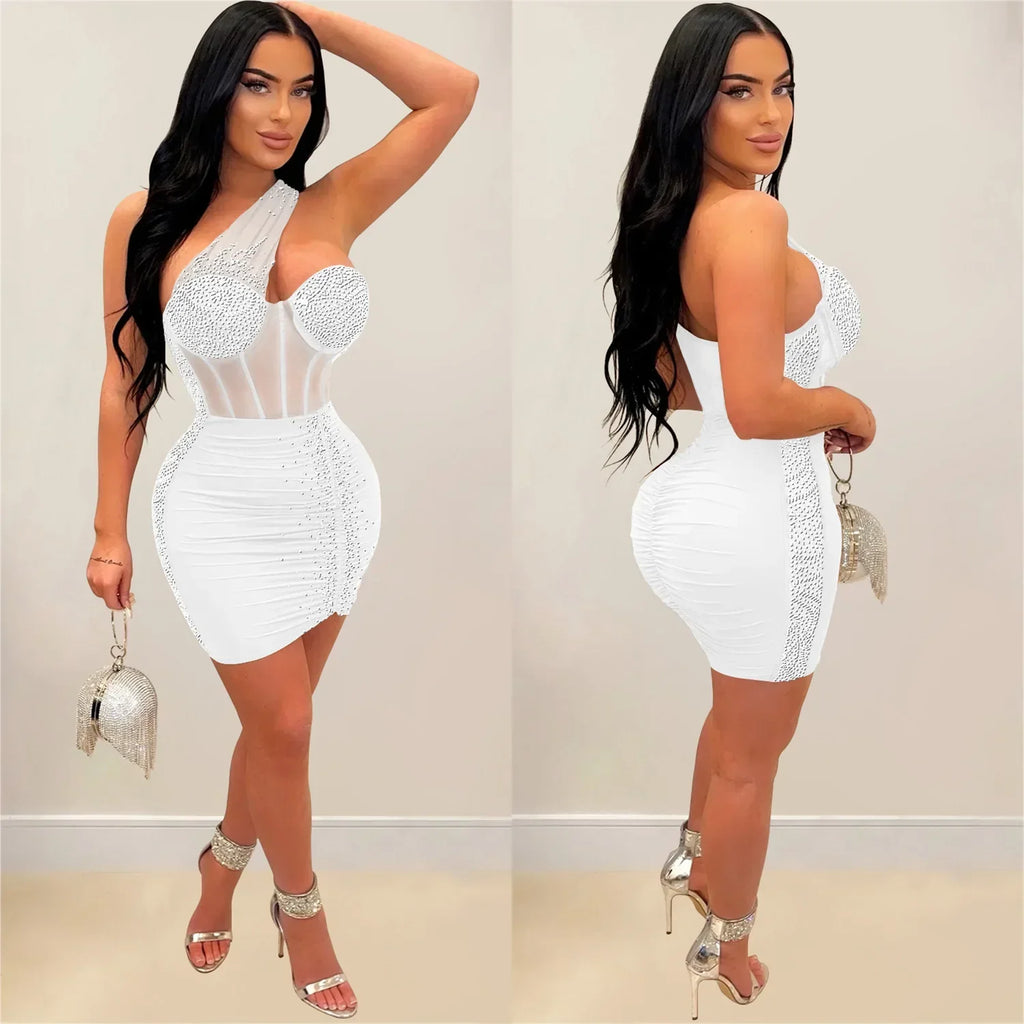 Homecrest Shoulder Mesh Rhinestone See Through Night Club Outfits Dress