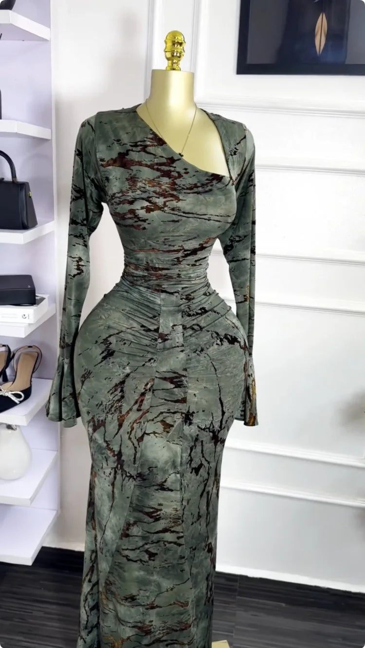 Vermella Printed Skew Neck Flare Long Sleeve Ruched Long Dress