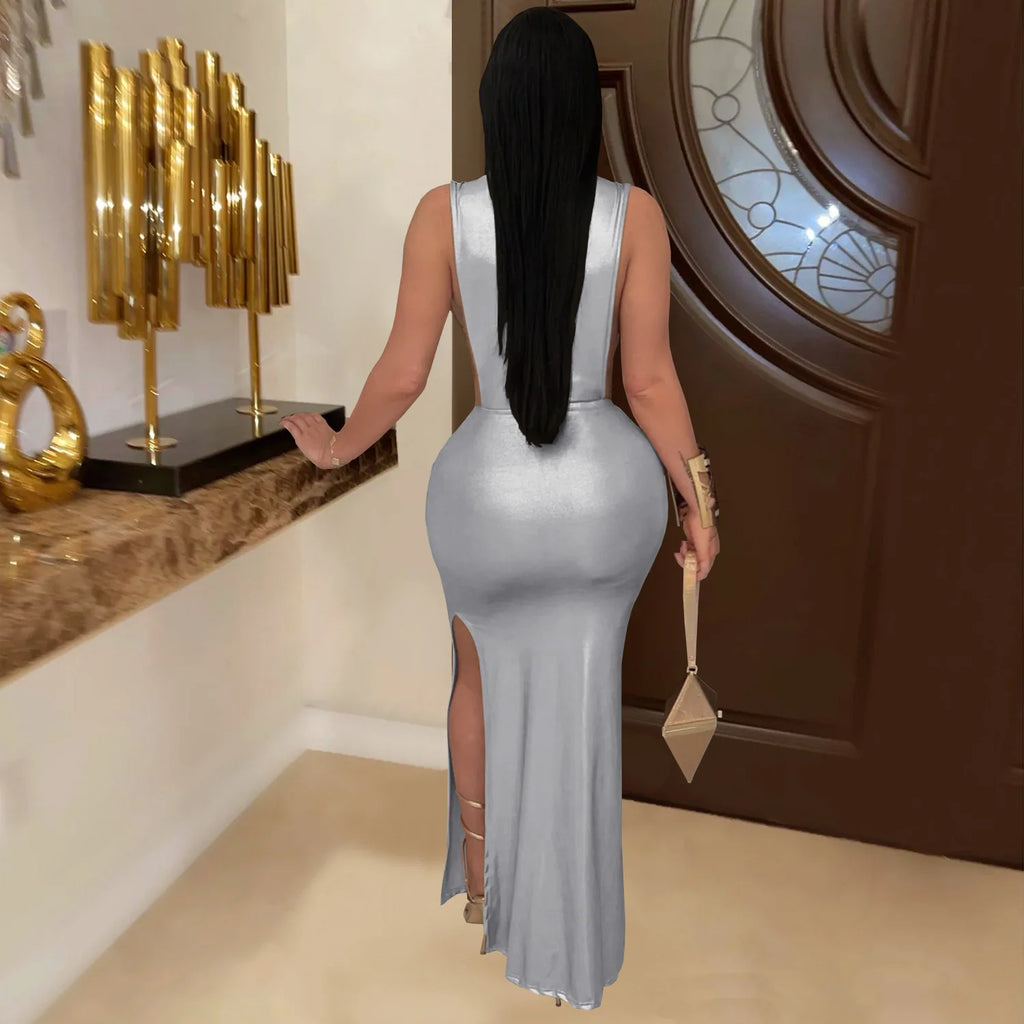 Hudson Square Side Split Ruched Sleeveless Waistless Silky Sexy Metal Button Ribbon Dress