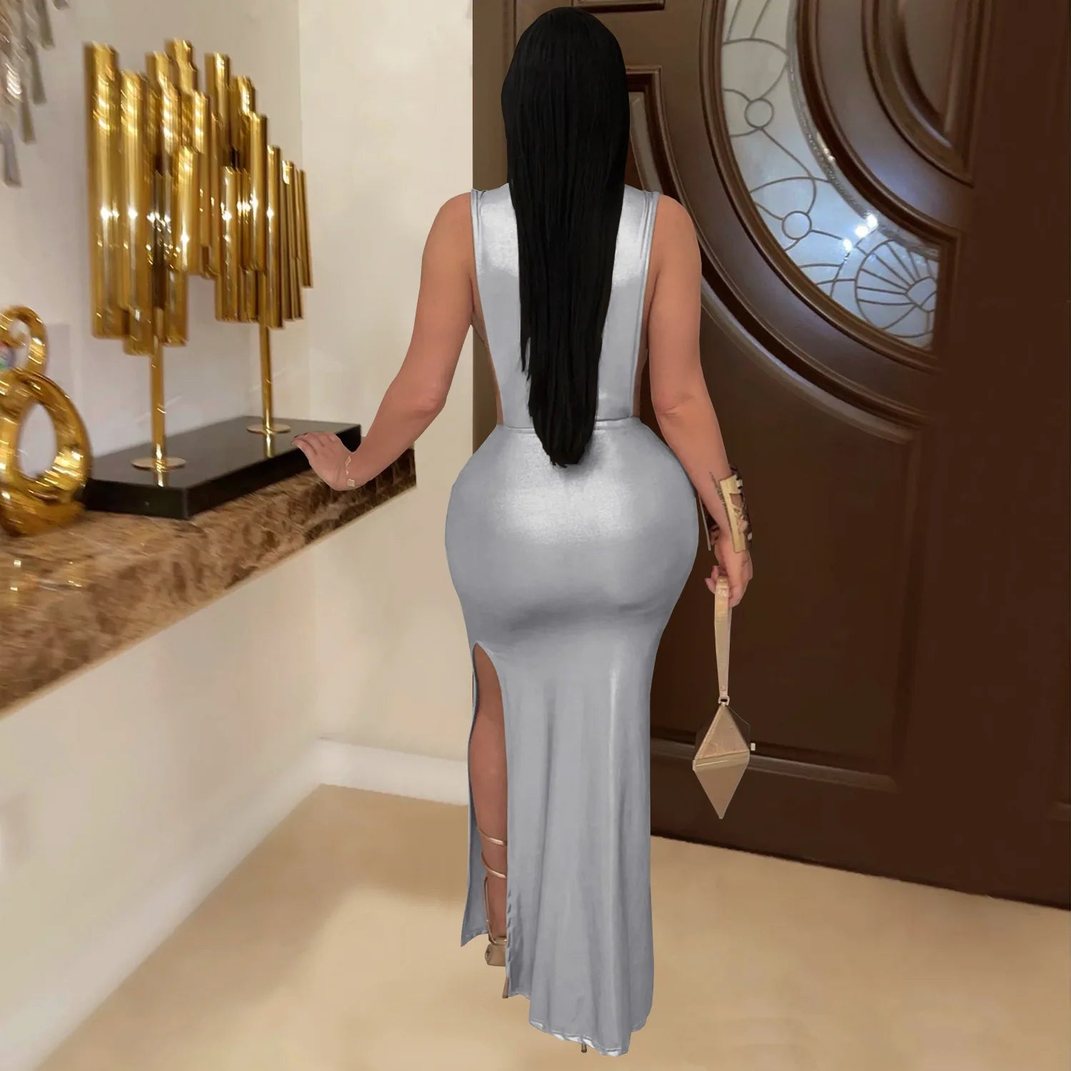 Hudson Square Side Split Ruched Sleeveless Waistless Silky Sexy Metal Button Ribbon Dress