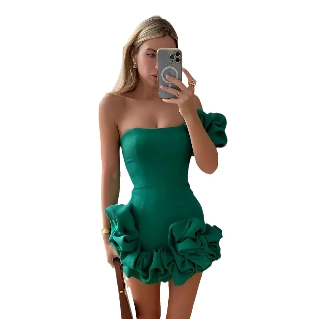 La Playa Elegant Temperament Party Flower Sleeveless Off-Shoulder Sexy Pleated Dress